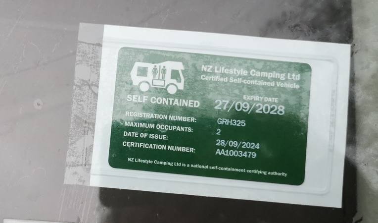 Self-contained certificate for GRH325, certified for two occupants and valid until September 2028