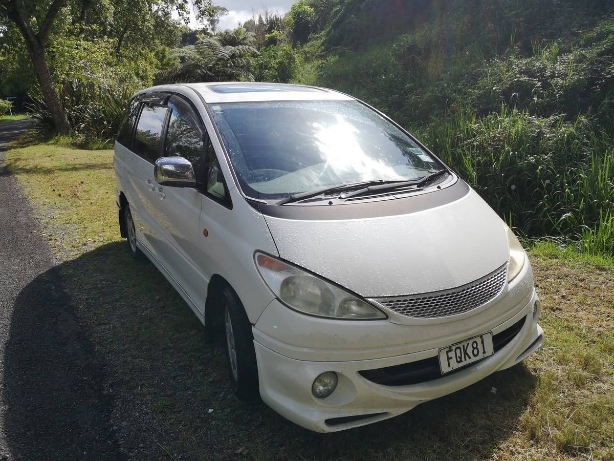 White 2001 Toyota Estima self-contained campervan for sale, registration FQK81, front three-quarter view