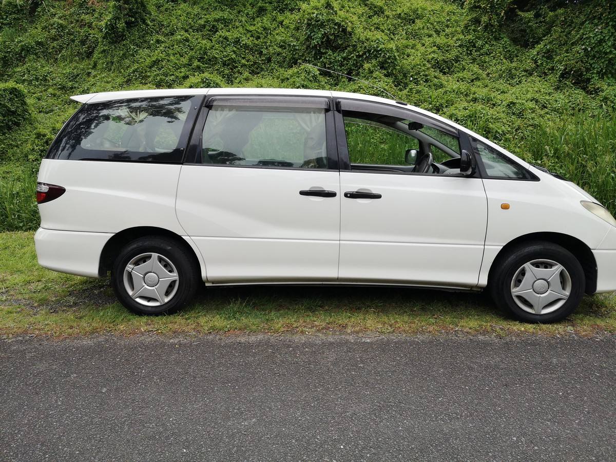 Side view of the white 2002 Toyota Estima campervan EZQ488 parked beside a hedge