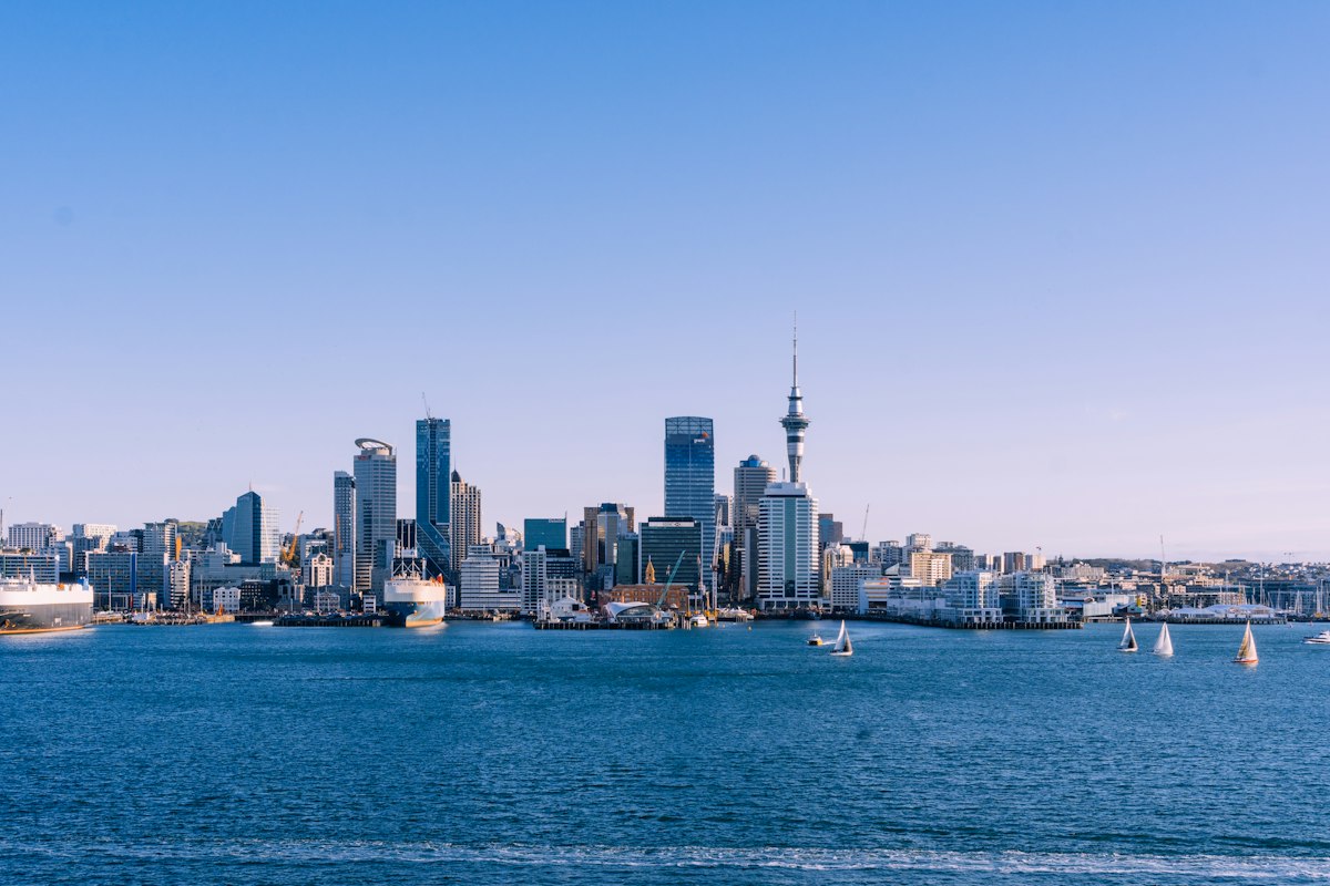 Auckland city skyline and Sky Tower across the harbour