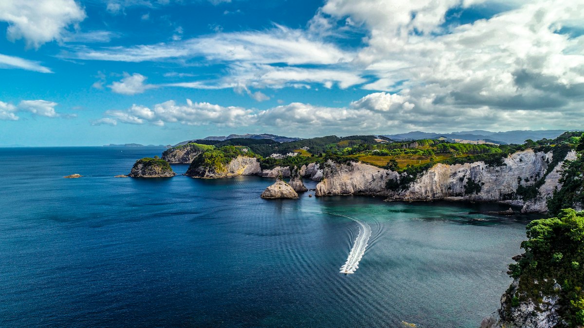 Coromandel coastline with white cliffs and bays